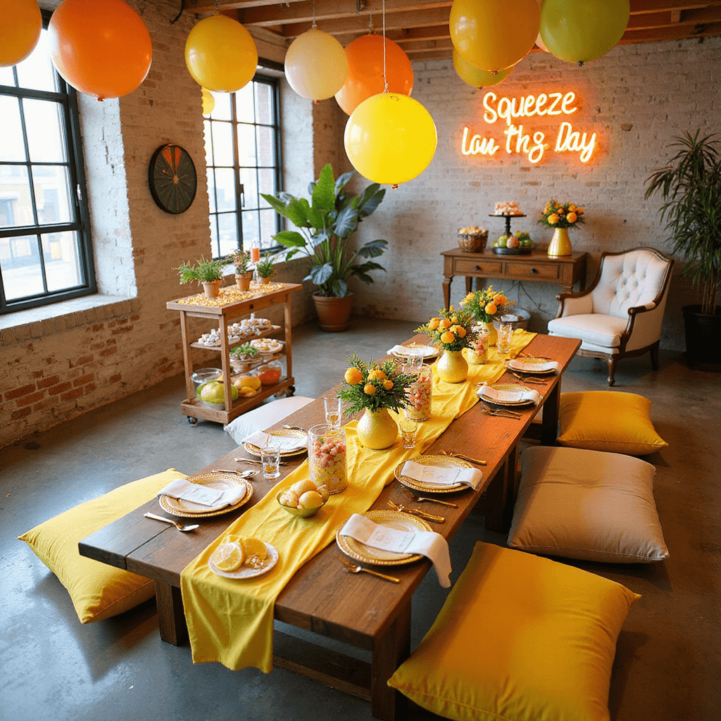 An overhead view of a lively Citrus Sunshine Party in a bright loft, featuring a long farm table with a yellow runner and citrus centerpieces, orange and lemon balloon garlands, a glowing 'Squeeze the Day' neon sign, gold-rimmed place settings with mini citrus holders, a dessert cart with a lemon cake, and cozy sunny-colored floor cushions.