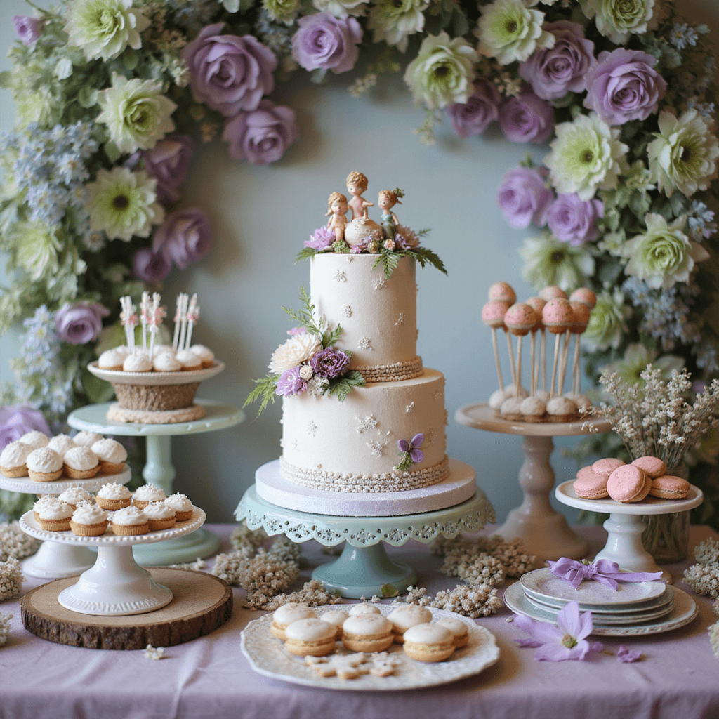 A whimsical dessert table for an 'Enchanted Garden Fairy Tale' first birthday, featuring a tiered cake with edible flowers, toadstool cake pops, butterfly cookies, and pastel macarons, adorned with cascading silk flowers in lavender and mint green, twinkling fairy lights, and a flower crown making station in the foreground.