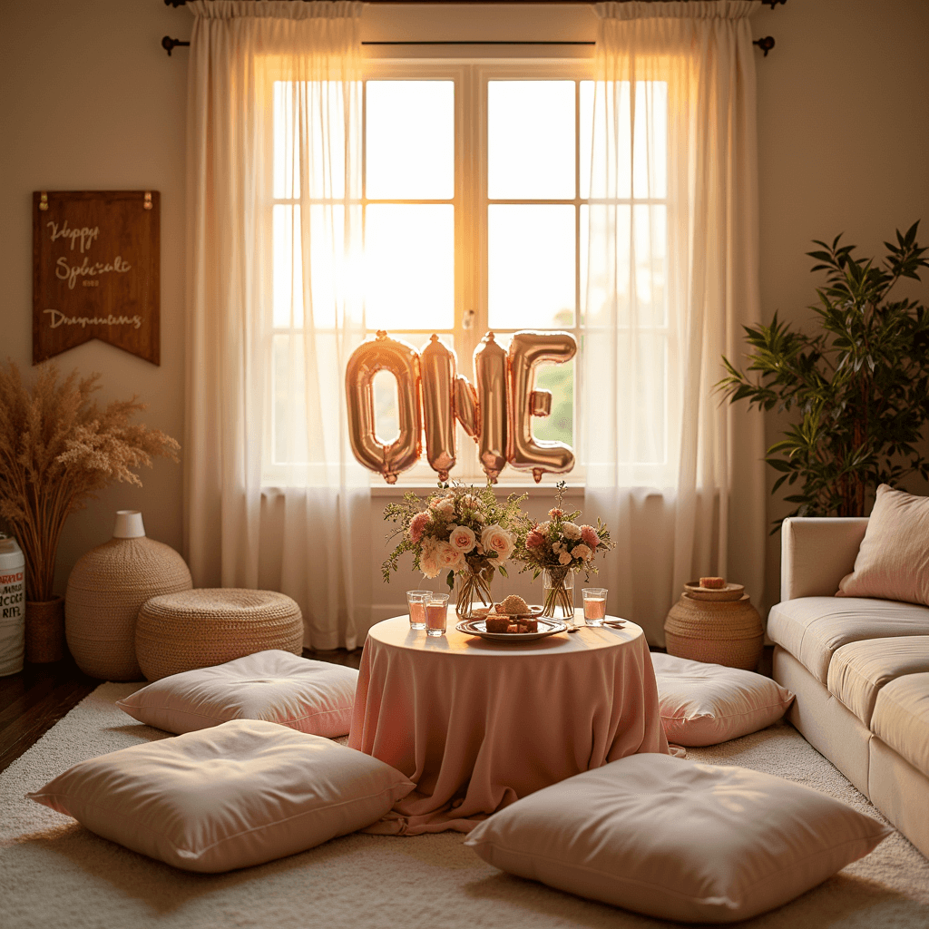 A cozy living room bathed in golden hour light, decorated for a first birthday celebration with blush linens, fresh flowers, plush pastel cushions, a rose gold 'ONE' balloon sculpture, a milestone photo display on reclaimed wood, and a handcrafted name banner. Soft textiles and candles add warmth and texture to the inviting atmosphere.