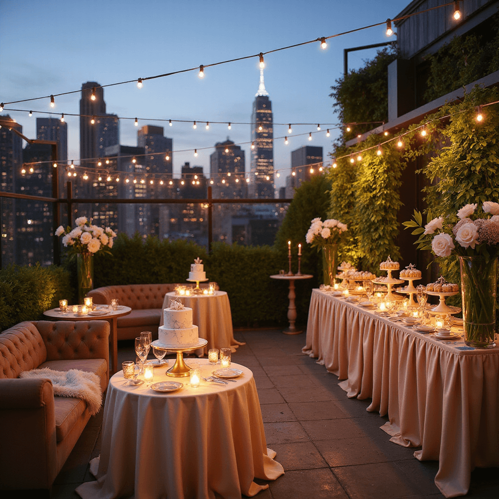 An elegant rooftop terrace birthday party at dusk, adorned with string lights and candles, showcasing a beautifully arranged dessert station, plush seating areas, and lush floral centerpieces against a sparkling city skyline.