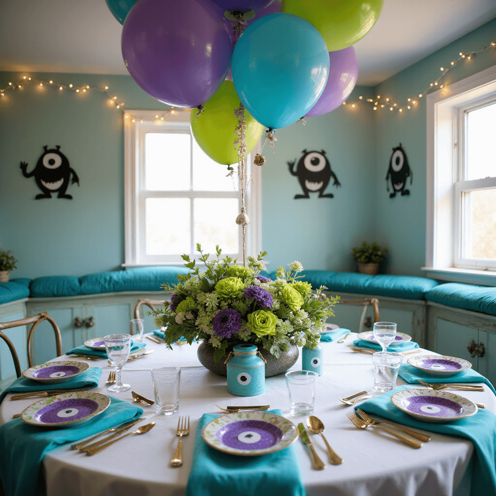 Monsters Inc Birthday Party: The Ultimate Guide to a Roaring Celebration Intimate dining nook for a Monsters Inc celebration, featuring a circular table with a white tablecloth, monster-eye plates, aqua blue napkins, and a floral centerpiece with 'scream canister' props, surrounded by colorful helium balloons and decorated walls with DIY monster silhouettes and fairy lights.