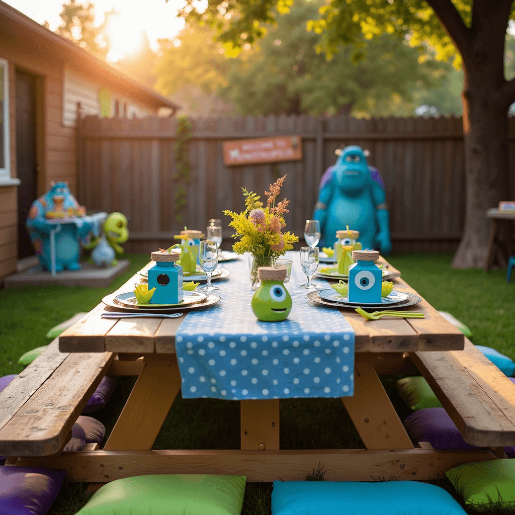 Monsters Inc Birthday Party: The Ultimate Guide to a Roaring Celebration A whimsical backyard party inspired by Monsters Inc, featuring a rustic picnic table with a blue and white polka dot tablecloth, colorful floor cushions, monster-themed tableware, and a whimsical 'Welcome to Monstropolis' sign, all illuminated by warm golden hour light.