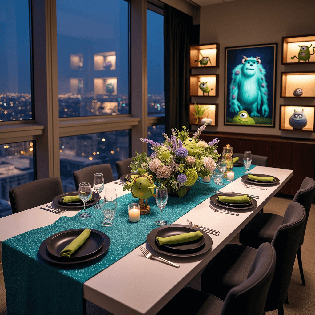 Monsters Inc Birthday Party: The Ultimate Guide to a Roaring Celebration An elegant Monsters Inc inspired celebration in a modern apartment featuring a sleek white dining table with aqua blue accents, matte black place settings, and a floral arrangement in monster colors, all softly lit against a city backdrop through floor-to-ceiling windows.