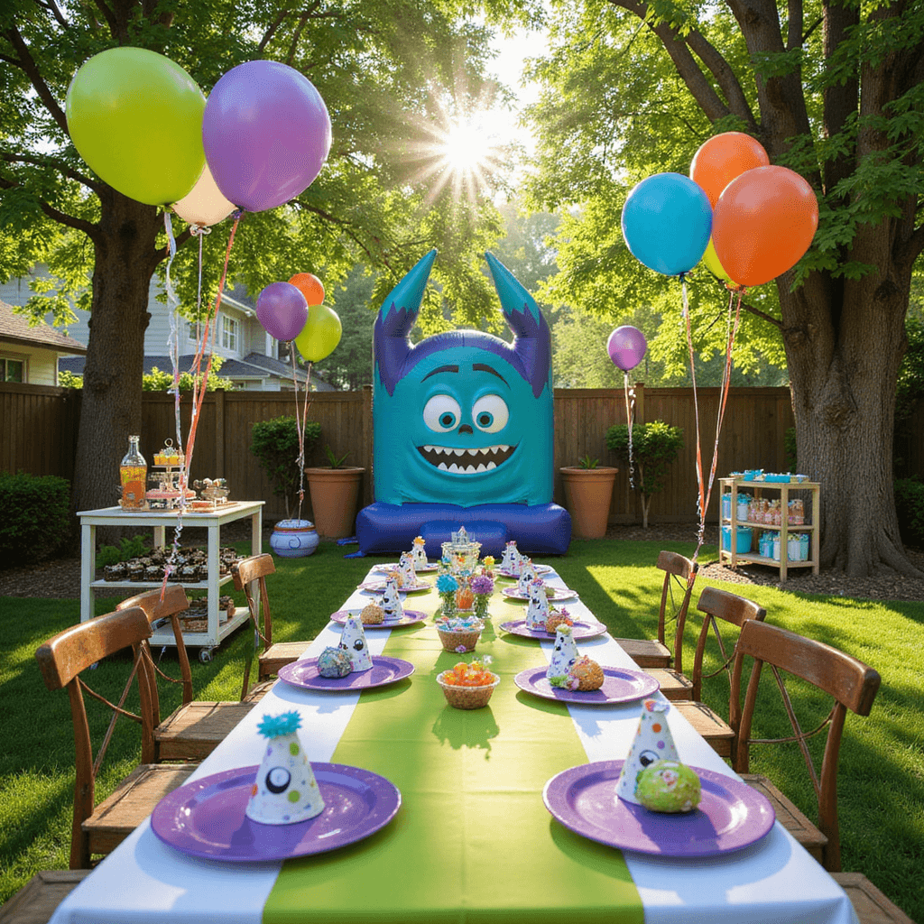 Monsters Inc Birthday Party: The Ultimate Guide to a Roaring Celebration A lively Monsters Inc-themed party in a stylish backyard, featuring colorful balloons, a farmhouse table with purple plates and DIY monster hats, a dessert cart with treats, and a bounce house shaped like Monsters Inc headquarters, all under dappled midday sunlight.