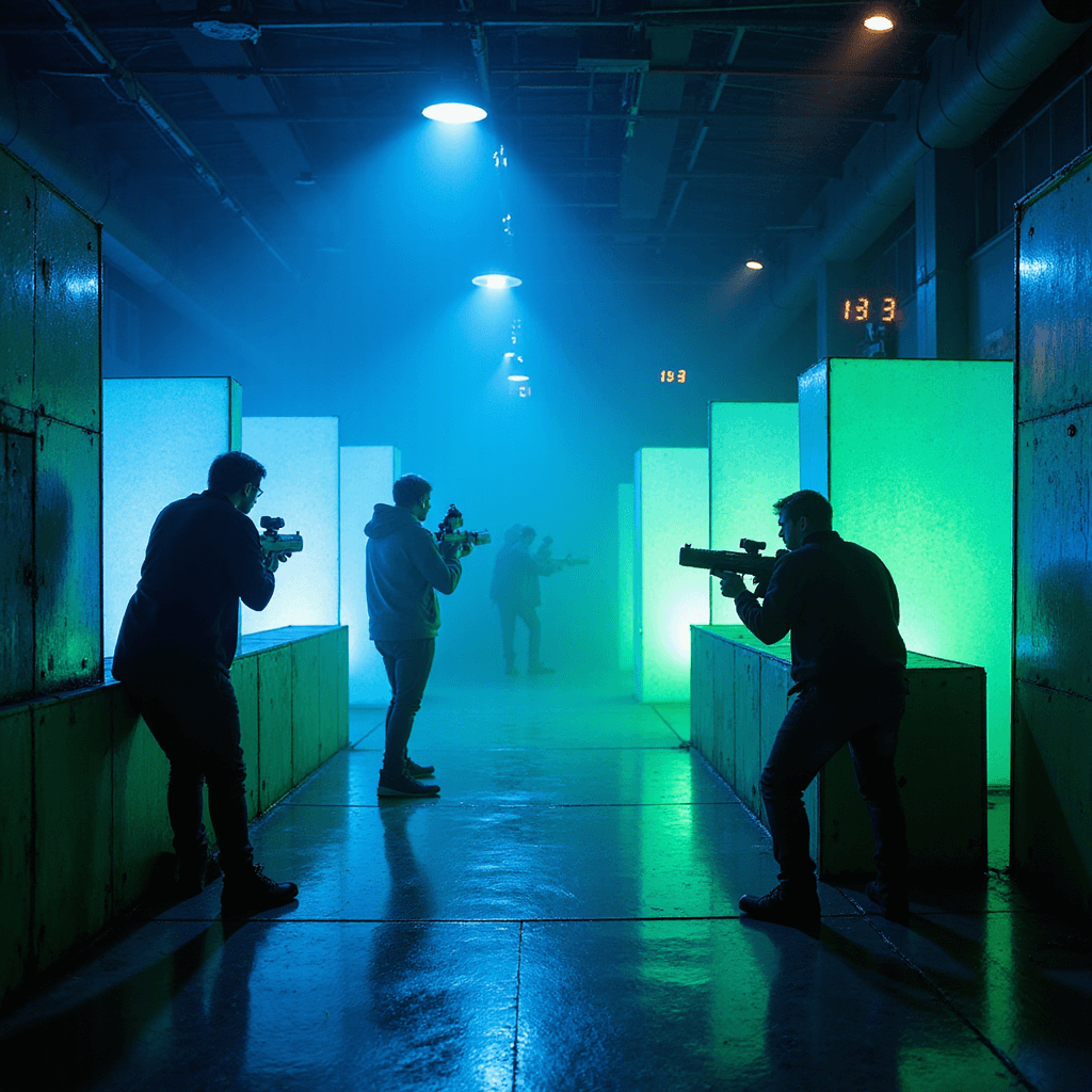 A vibrant neon-lit laser tag arena filled with teens in dark clothing maneuvering through a maze-like structure, with glowing obstacles and soft blue and green lighting creating a futuristic atmosphere, while fog machines add mystery and excitement.