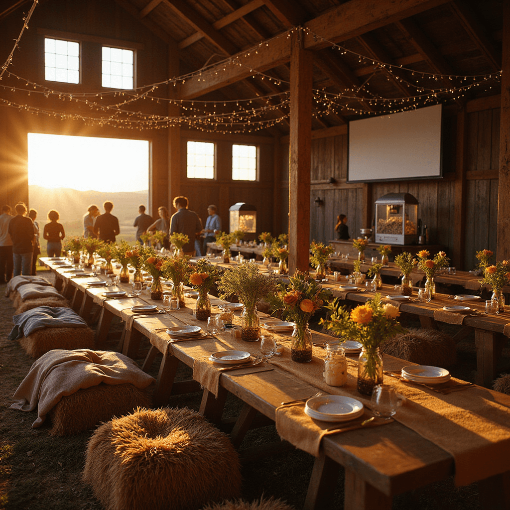 A warm sunset casts golden light on a rustic barn venue filled with long farmhouse tables decorated with burlap runners and mason jars of wildflowers. Fairy lights overhead create a magical atmosphere as teens enjoy a vintage popcorn machine and candy bar. A projector screen is set for an outdoor movie night, with cozy blankets and pillows on scattered hay bales.