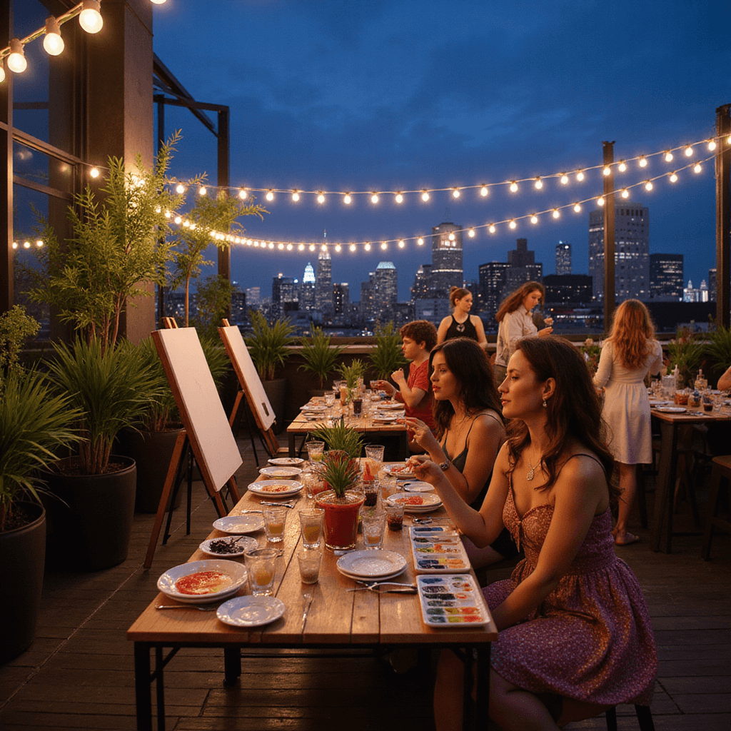 A stylish rooftop art studio at night, featuring easels and colorful paint palettes on a table, surrounded by potted plants and illuminated by soft uplighting and string lights. Teens in fashionable clothing enjoy painting and mocktails, with a twinkling city skyline in the background.