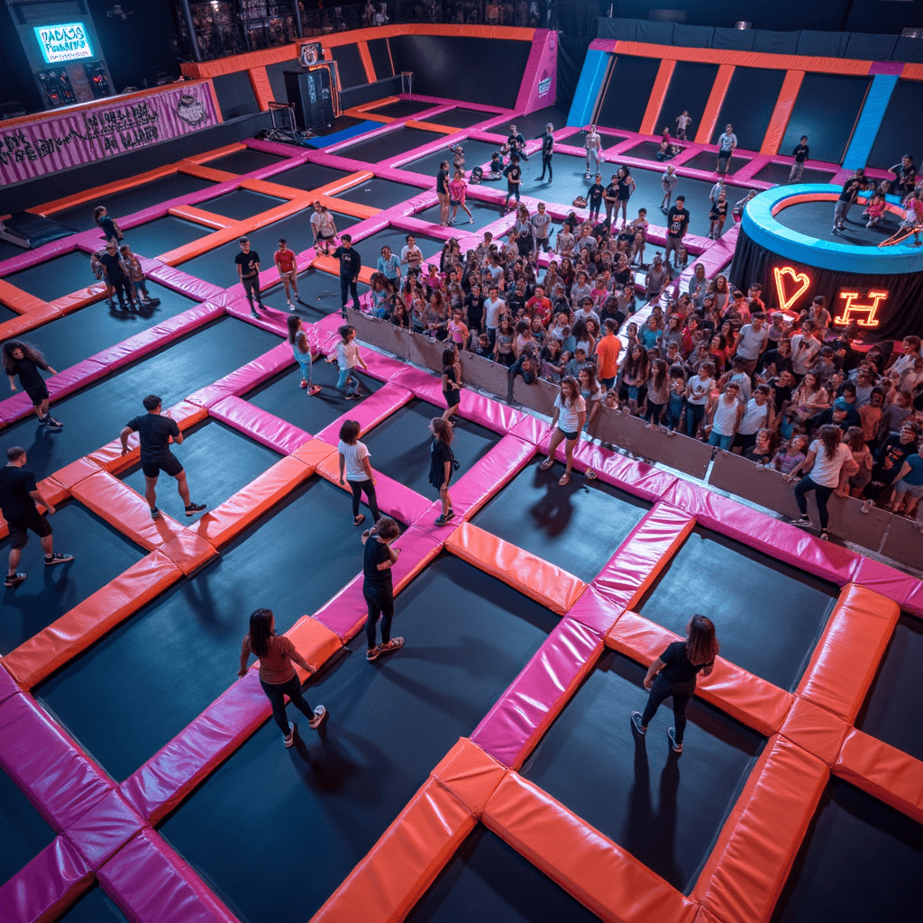 Overhead view of a vibrant trampoline park filled with bouncing teens, illuminated by neon lights, featuring foam pits and obstacle courses, a DJ booth energizing the atmosphere, decorated lockers, and groups of friends laughing and performing flips.