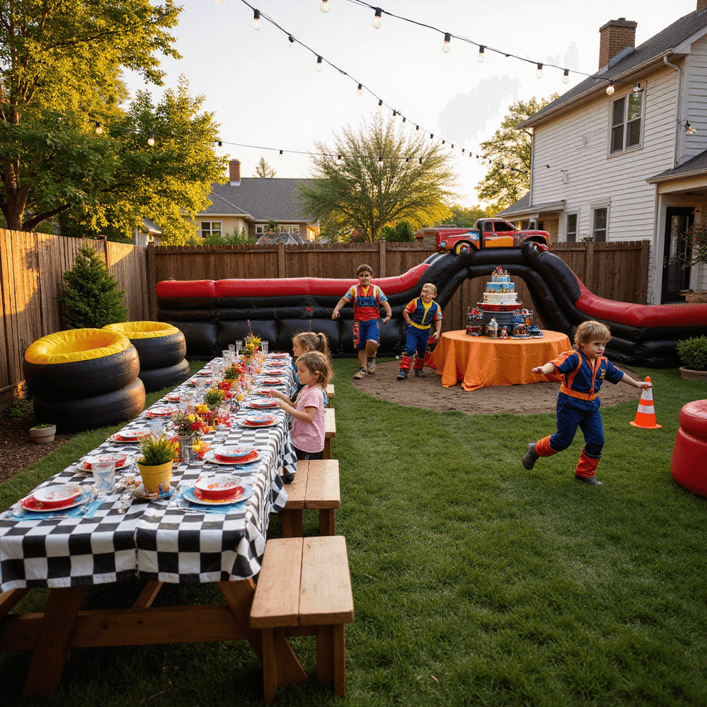 A vibrant outdoor Monster Jam birthday party with bold red, black, and yellow decorations, inflatable tires, and mini traffic cones creating an obstacle course. A picnic table draped in a checkered flag tablecloth features colorful place settings and toy truck centerpieces, while festoon lights illuminate the scene. A giant monster truck-themed backdrop showcases a tiered cake resembling a dirt track, with children in racing jumpsuits playing excitedly.
