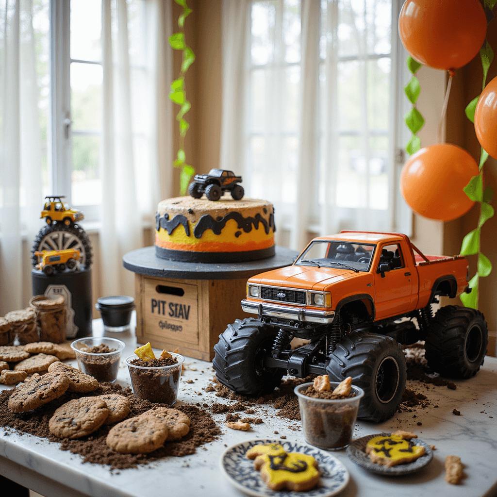 An indoor Monster Truck party vignette featuring a dessert table styled as a 'Pit Stop', showcasing a monster truck cake, 'dirt' cup desserts, colorful custom cookies, DIY 'driver licenses' as place cards, and metallic balloon garlands in neon green and orange, all bathed in soft natural light.
