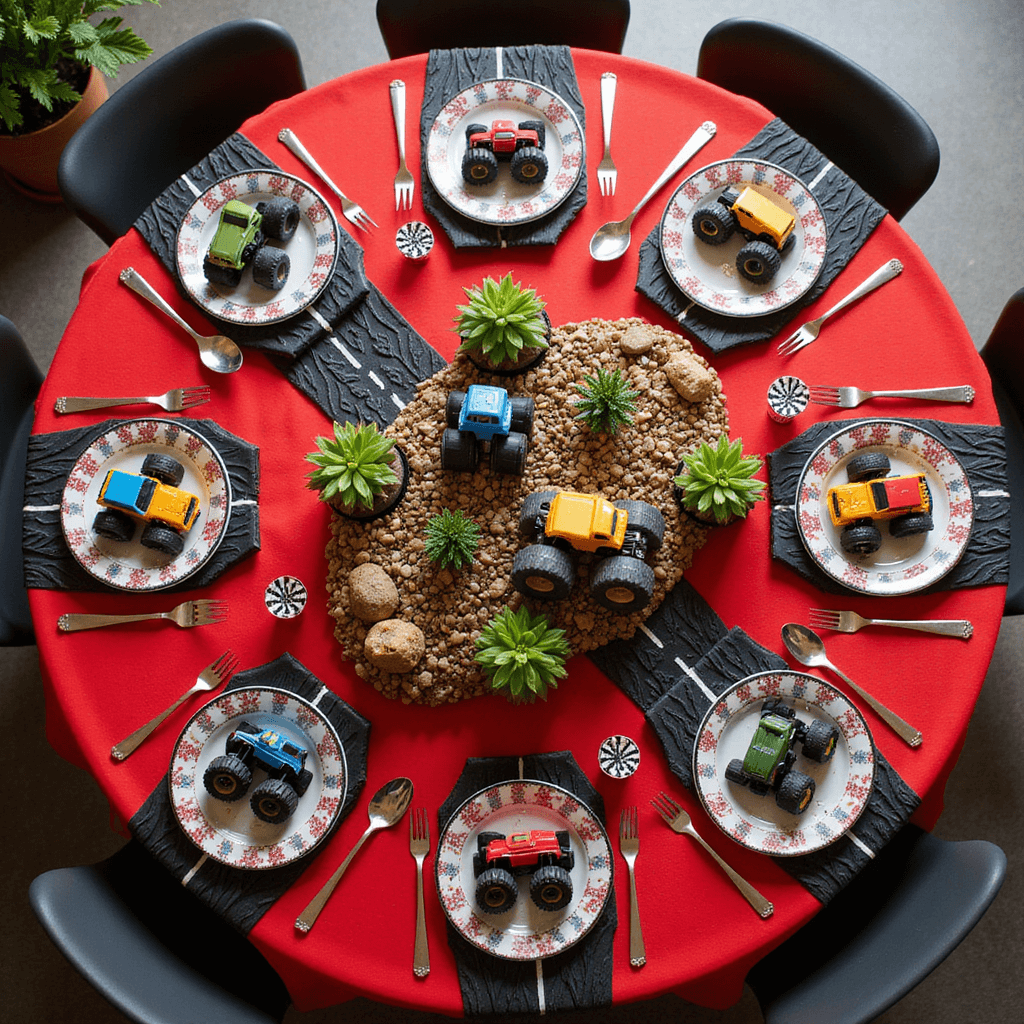 Overhead view of a whimsical Monster Jam party table featuring a red tablecloth with black tire tread patterns, monster truck-shaped plates, 'road' placemats, and 'traffic light' utensil holders. The centerpiece showcases a miniature 'rock crawling' landscape with pebbles, succulents, and toy trucks, surrounded by checkered flags and traffic cones, all under soft, diffused lighting.