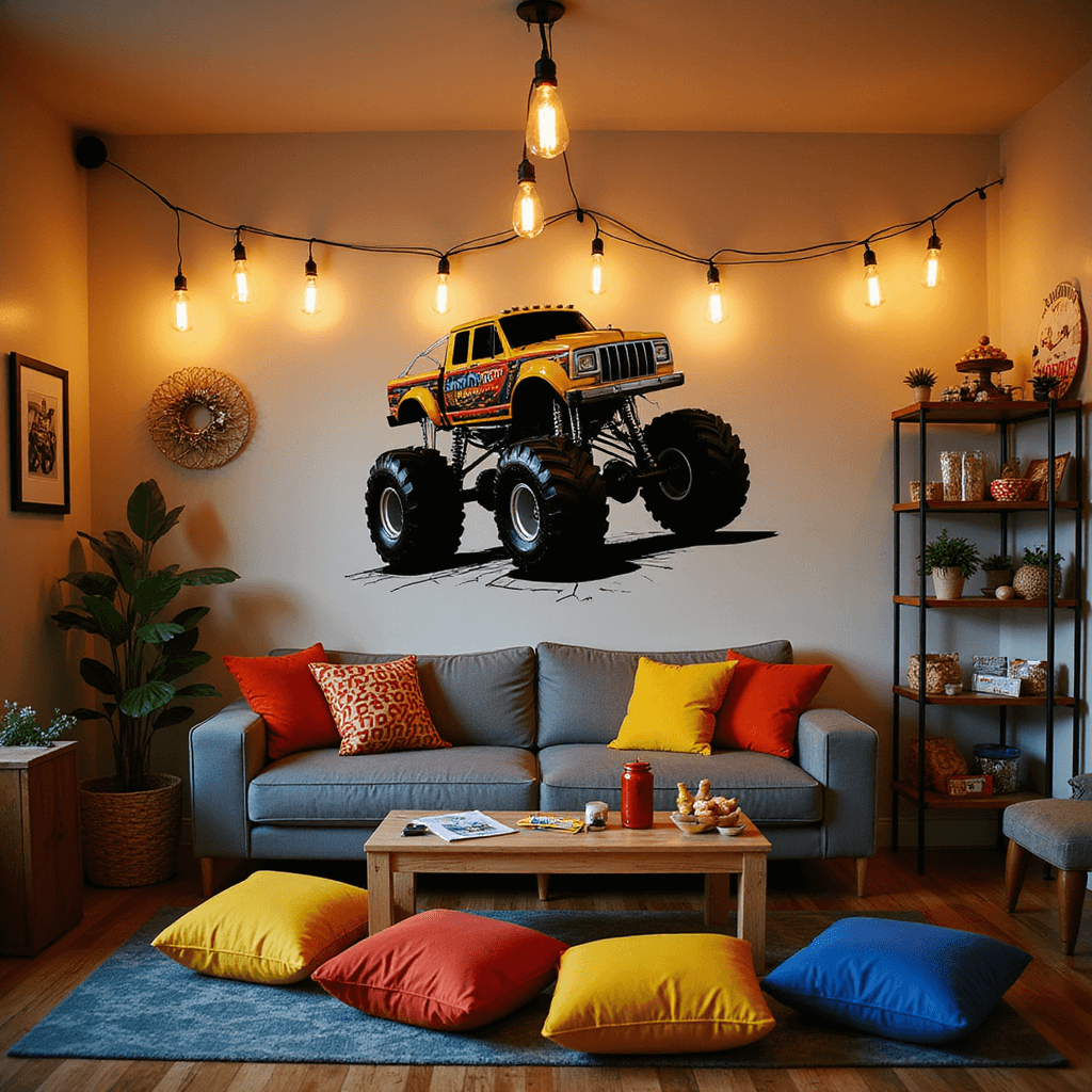 A warm and inviting living room transformed for a Monster Truck celebration, featuring a large vinyl decal of a roaring monster truck on a feature wall, a low table with colorful floor cushions for a 'build your own truck' activity, themed party favors on shelving units, a snack station labeled 'Parts Department', and ambient lighting from Edison bulbs and lamps creating dramatic shadows of truck silhouettes.
