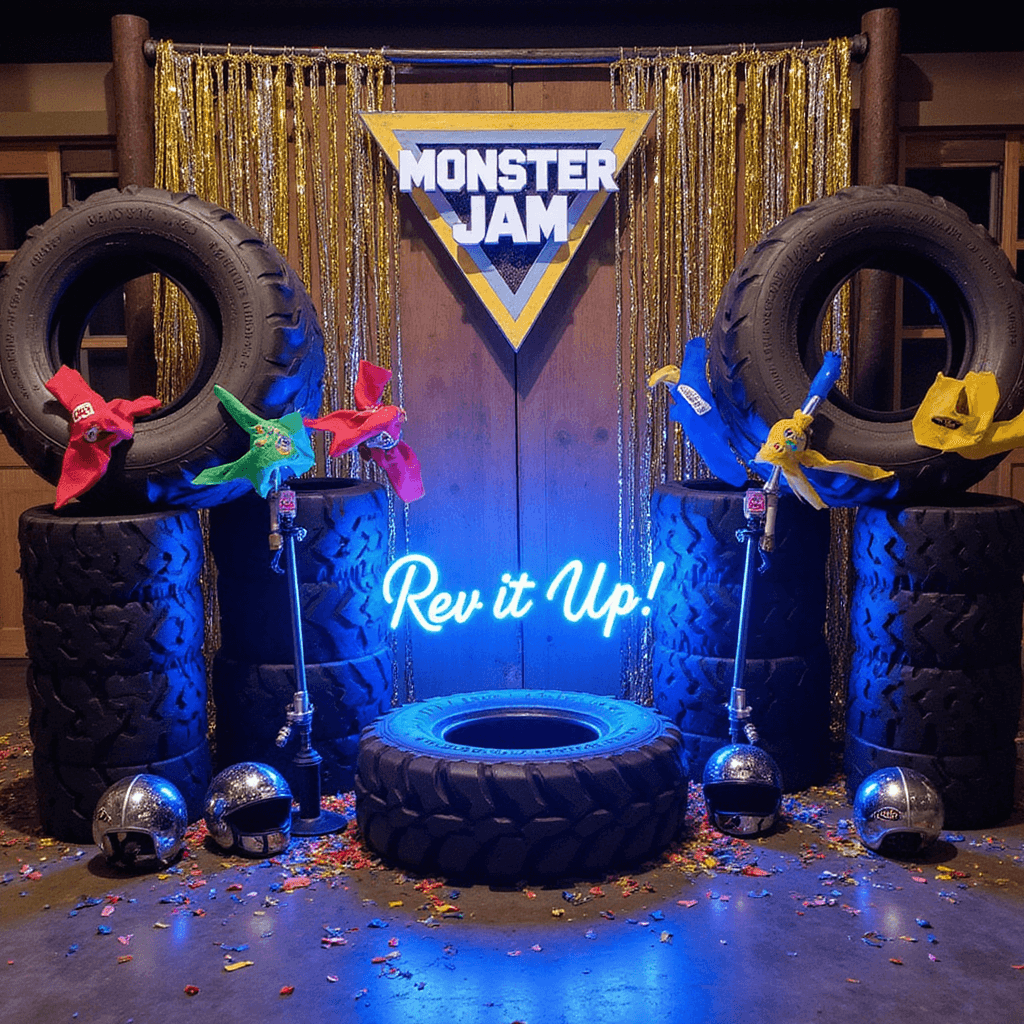 A vibrant Monster Jam photo booth scene featuring a rustic wood backdrop, oversized tire cutouts, metallic streamers, and a real truck tire prop surrounded by racing helmets and handheld flags. A neon 'Rev It Up!' sign glows blue, while confetti cannons are poised for action, all captured from a low angle to highlight the energetic atmosphere.
