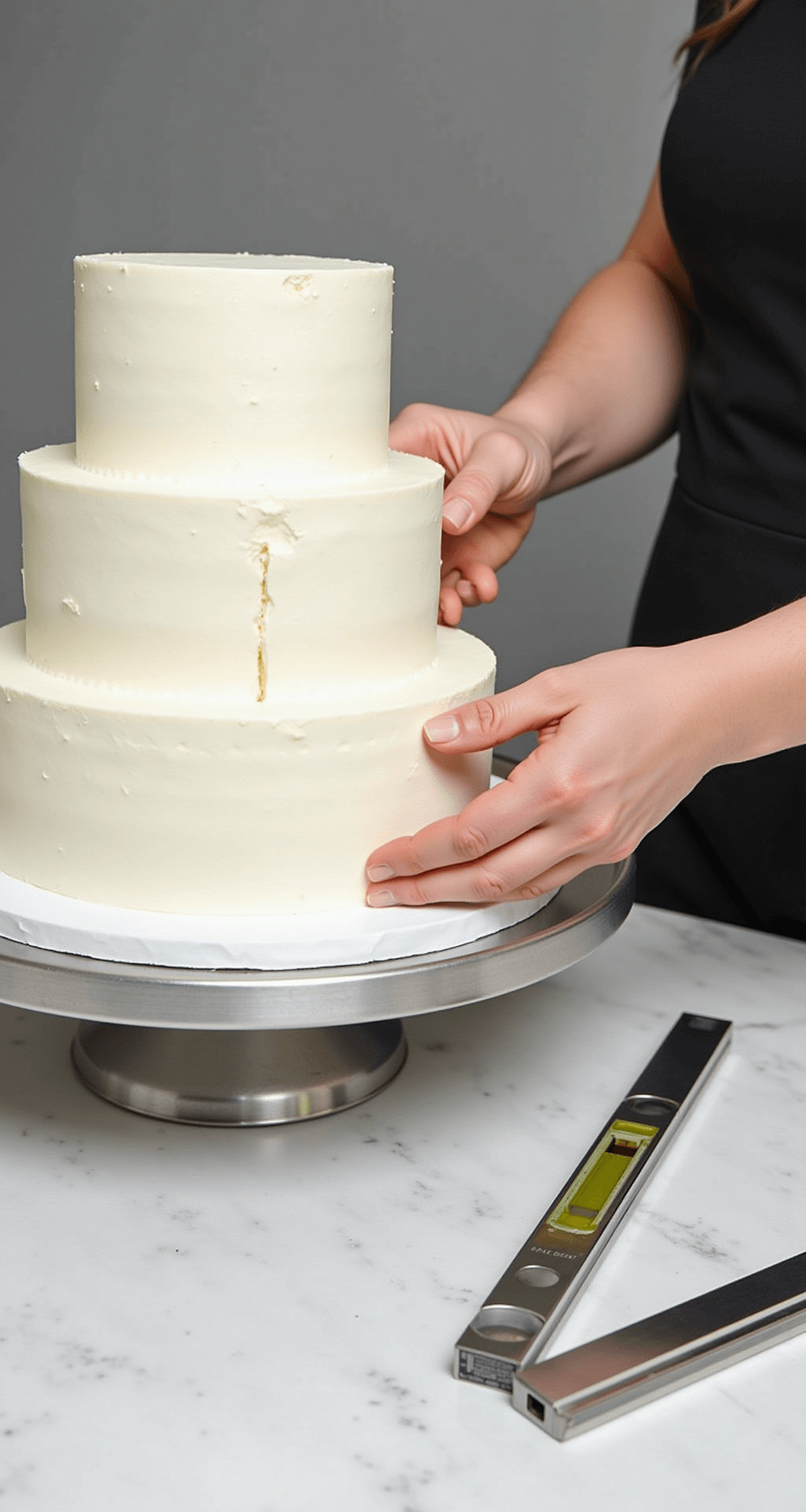 Ultimate Guide to Three-Tier Wedding Cakes: Perfection from Top to Bottom Close-up of a professional baker assembling a three-tier wedding cake, placing support dowels into the bottom tier, with soft lighting highlighting white buttercream layers and premium cake-making tools on a marble countertop.