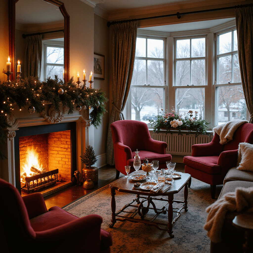 A cozy fireside cocktail soirée in an elegant living room with plush velvet armchairs, a roaring fireplace, and a bar cart featuring artisanal winter cocktails, all illuminated by soft golden light.