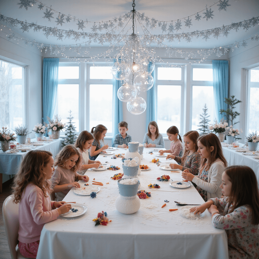 An enchanting indoor snowman crafting station for a children's winter birthday party, featuring shimmering snowflake decorations, long tables with crafting materials and cheerful children, a hot chocolate bar, and twinkling lights.