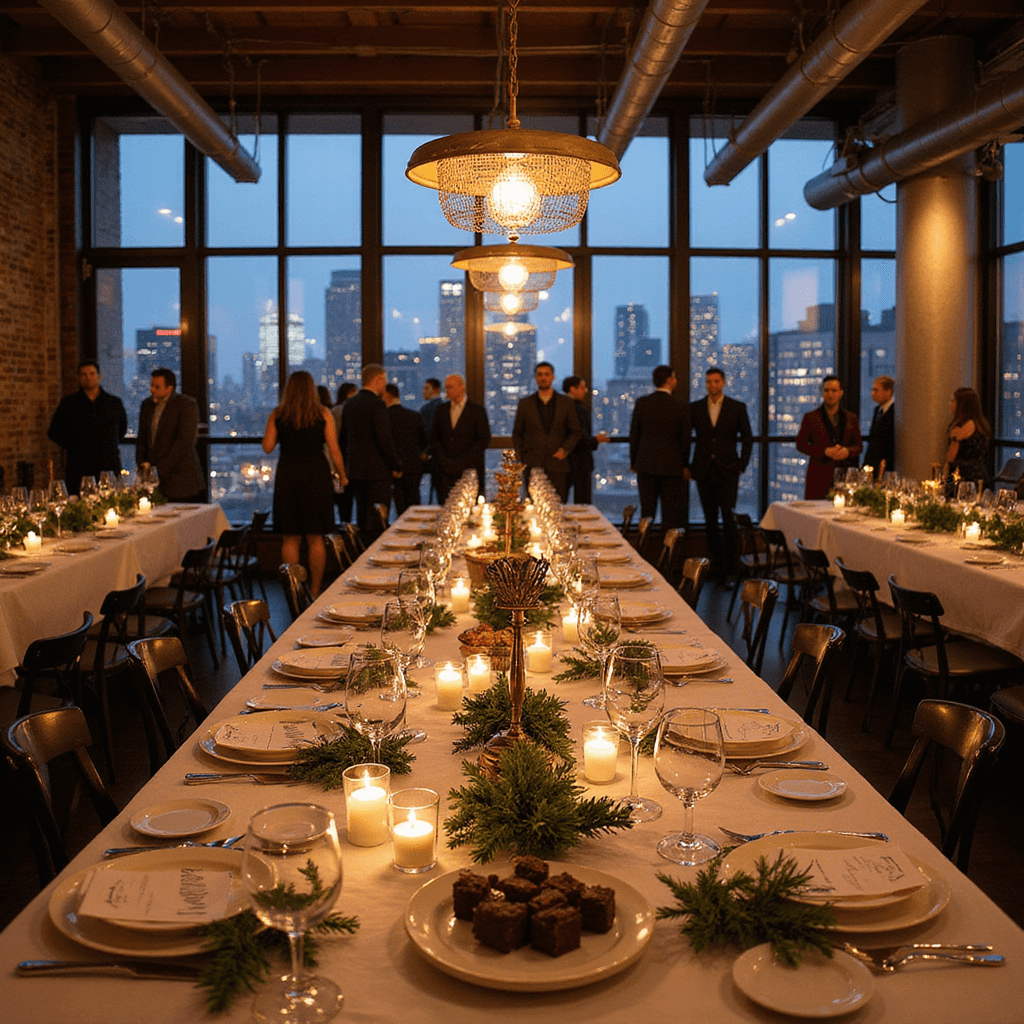 A modern loft wine tasting event at dusk, featuring floor-to-ceiling windows with a city skyline view, long communal tables with white linens and evergreen centerpieces, elegant glassware at tasting stations, industrial chandeliers, and a dessert table with artisanal chocolates and cheeses, all in a deep burgundy, forest green, and matte gold color palette, with guests in cocktail attire mingling.