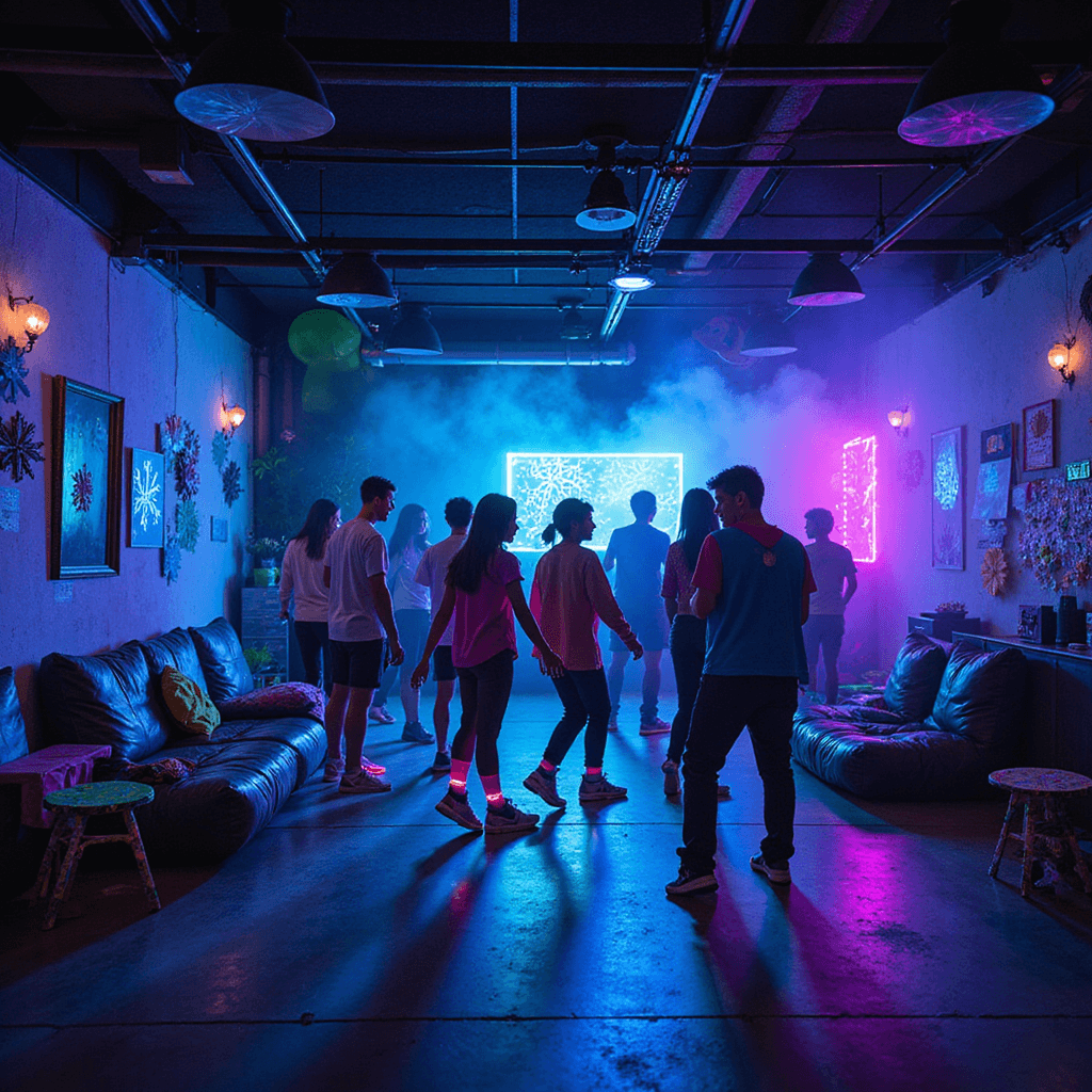 A vibrant glow-in-the-dark teen dance party in a garage featuring black light fixtures, neon decorations, and glowing balloons. Attendees in neon outfits dance among colorful LED lights and swirling projected snowflakes, while a 'frost yourself' station offers glow sticks and face paint. Brightly lit lounge areas with beanbags and acrylic furniture create a festive atmosphere.