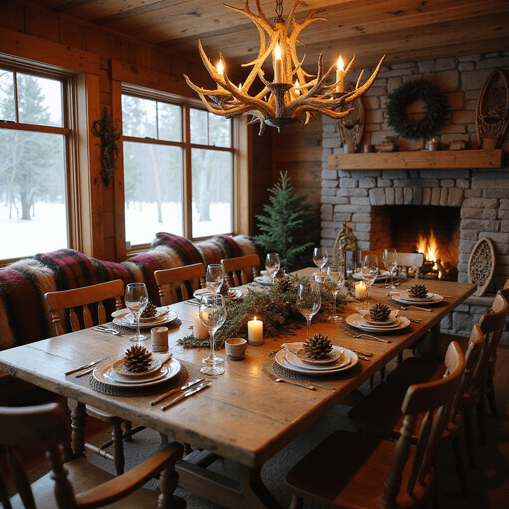 An intimate winter dinner party in a rustic cabin, featuring a large farmhouse table with mismatched china, pinecone place card holders, and beeswax candles, beneath an antler chandelier. The cozy nook includes window seats with plaid blankets and fur pillows, a crackling stone fireplace, and walls decorated with vintage snowshoes and evergreen wreaths, all set against a serene snow-covered landscape outside.