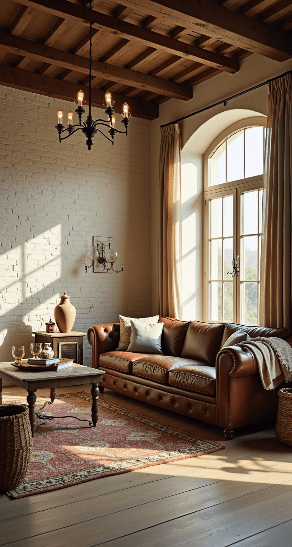 A sun-drenched living room featuring wide-plank oak floors, whitewashed brick walls, and an oversized leather Chesterfield sofa, with vintage timber beams and a wrought-iron chandelier above. Layered Persian rugs in terracotta and sage tones add warmth, while natural linen curtains and collections of aged ceramic pottery and woven baskets enhance the rustic elegance of the space.