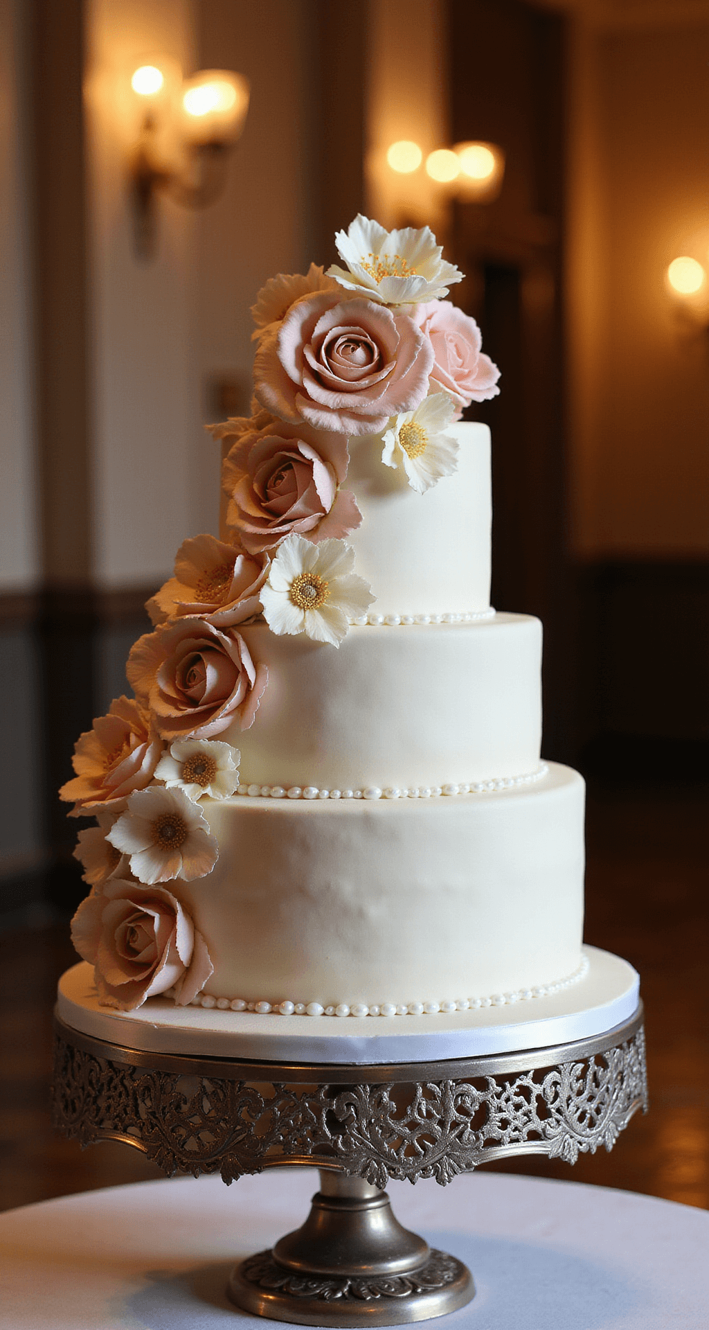 Ultimate Guide to Three-Tier Wedding Cakes: Perfection from Top to Bottom Three-tier wedding cake on ornate silver stand, featuring blush pink and ivory sugar flowers, pearl detailing, and subtle textural patterns, illuminated by warm golden hour light in a soft-focus ballroom setting.