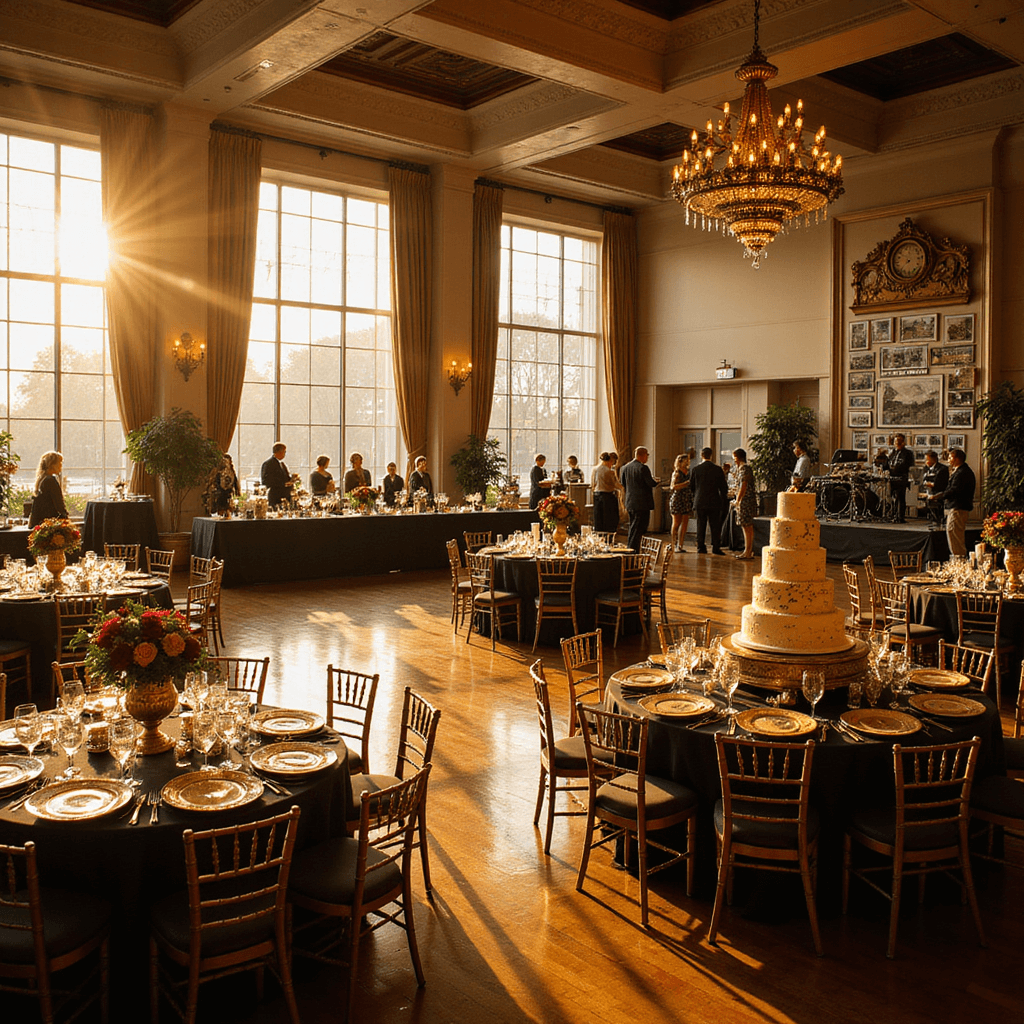 A grand ballroom decorated for a 70th birthday celebration, featuring round tables with black and gold linens, vintage clock centerpieces, a hardwood dance floor, a live band stage, elegant place settings, a photo timeline wall, waiters with champagne, and a tiered cake on a marble dessert cart, all illuminated by warm golden hour light.