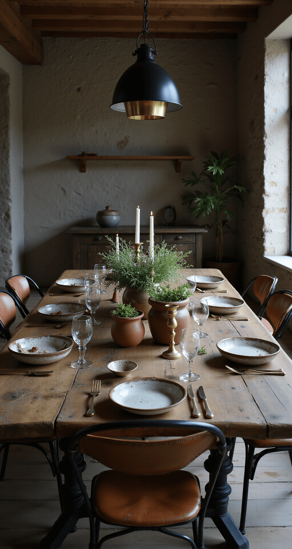 Intimate dining space with a reclaimed barn wood table set with hand-thrown pottery plates, vintage brass candlesticks, and worn leather seats in iron-frame chairs, illuminated by a black metal chandelier against exposed stone walls, featuring potted herbs and wildflowers as a centerpiece.