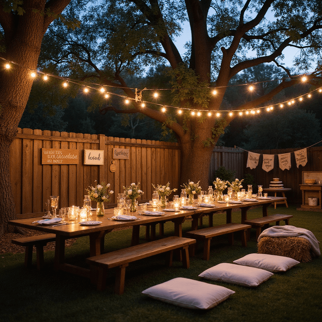 An intimate backyard gathering at dusk, featuring a long farmhouse table set with vintage china and wildflower centerpieces, illuminated by fairy lights and lanterns. Wooden signs with handwritten quotes about dad decorate the fence, while a cozy lounge area with floor cushions and blankets is set up near rustic dessert displays of homemade pies. Family photos hang from clotheslines between trees, gently swaying in the breeze.