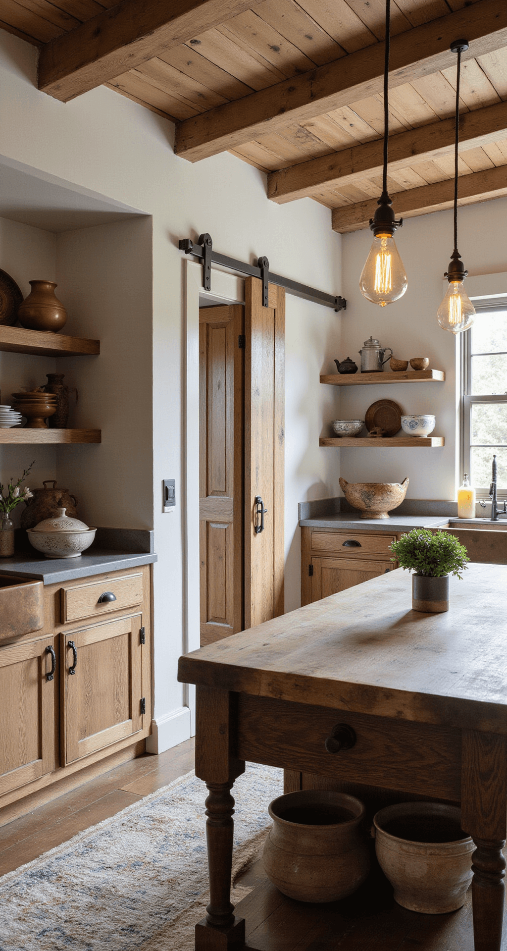 A rustic-modern kitchen featuring distressed wood cabinets, honed soapstone countertops, and a copper farmhouse sink, illuminated by morning light. Open shelving displays ironstone pottery and wooden bowls, with a vintage sliding barn door leading to a walk-in pantry. Edison bulb pendants hang over a central island topped with butcher block, all captured from an elevated angle to highlight the design.