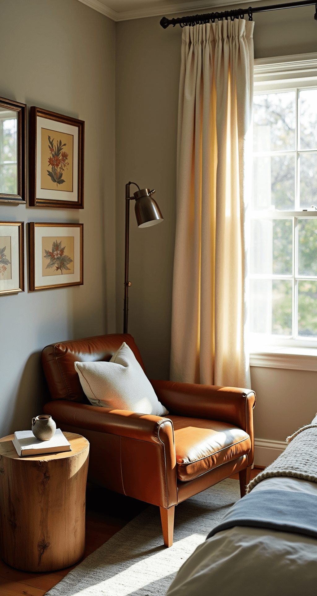 Cozy master bedroom corner bathed in late afternoon sunlight, featuring a weathered leather reading chair, raw edge wood side table, vintage botanical prints in bronze frames on a gallery wall, an antique wool rug in muted blues and browns, natural ivory linen drapes, and a handwoven throw.