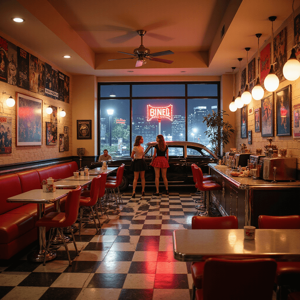 A vibrant 1950s-themed diner setup in a modern living room featuring checkerboard flooring, red vinyl booths, a soda fountain bar, vintage decor, and a live rock 'n' roll band, with waitresses in poodle skirts serving food and a classic car as a photo opportunity.