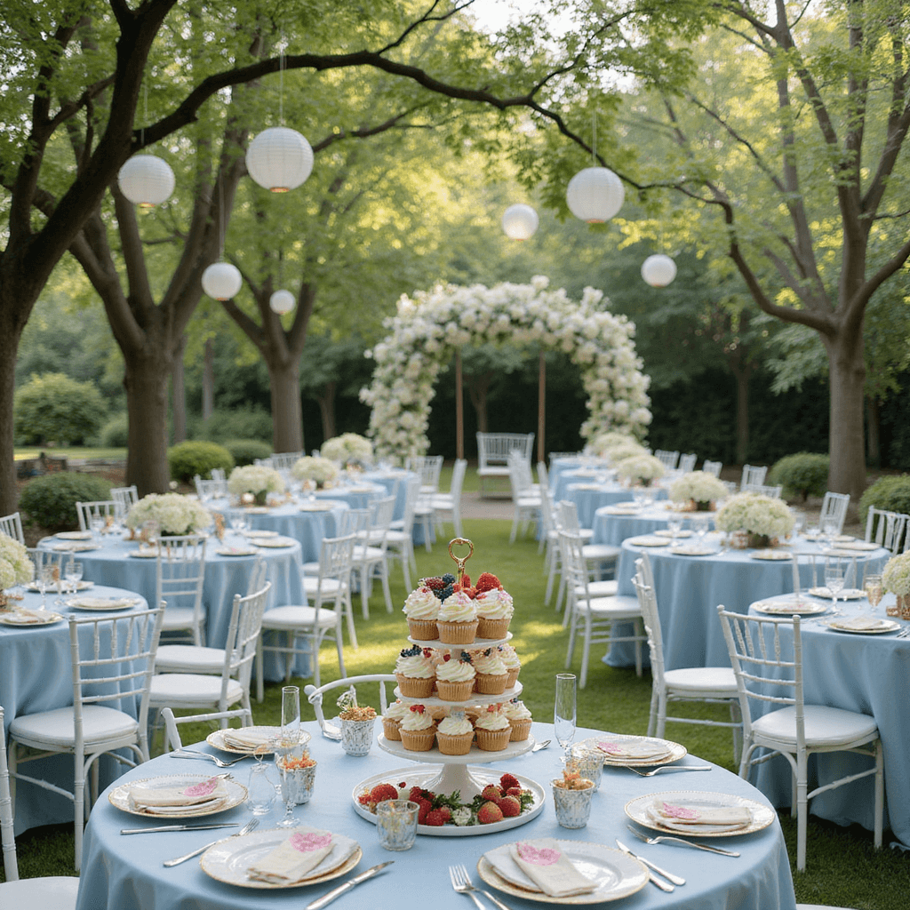 A serene garden party with white wrought-iron tables dressed in pale blue linens, adorned with hydrangea centerpieces, framed by a flower arch and decorated with paper lanterns. Guests enjoy brunch on fine china, a croquet set on the lawn, and an artist painting the scene, alongside a multi-tiered cake stand of pastel-frosted cupcakes and fresh berries.