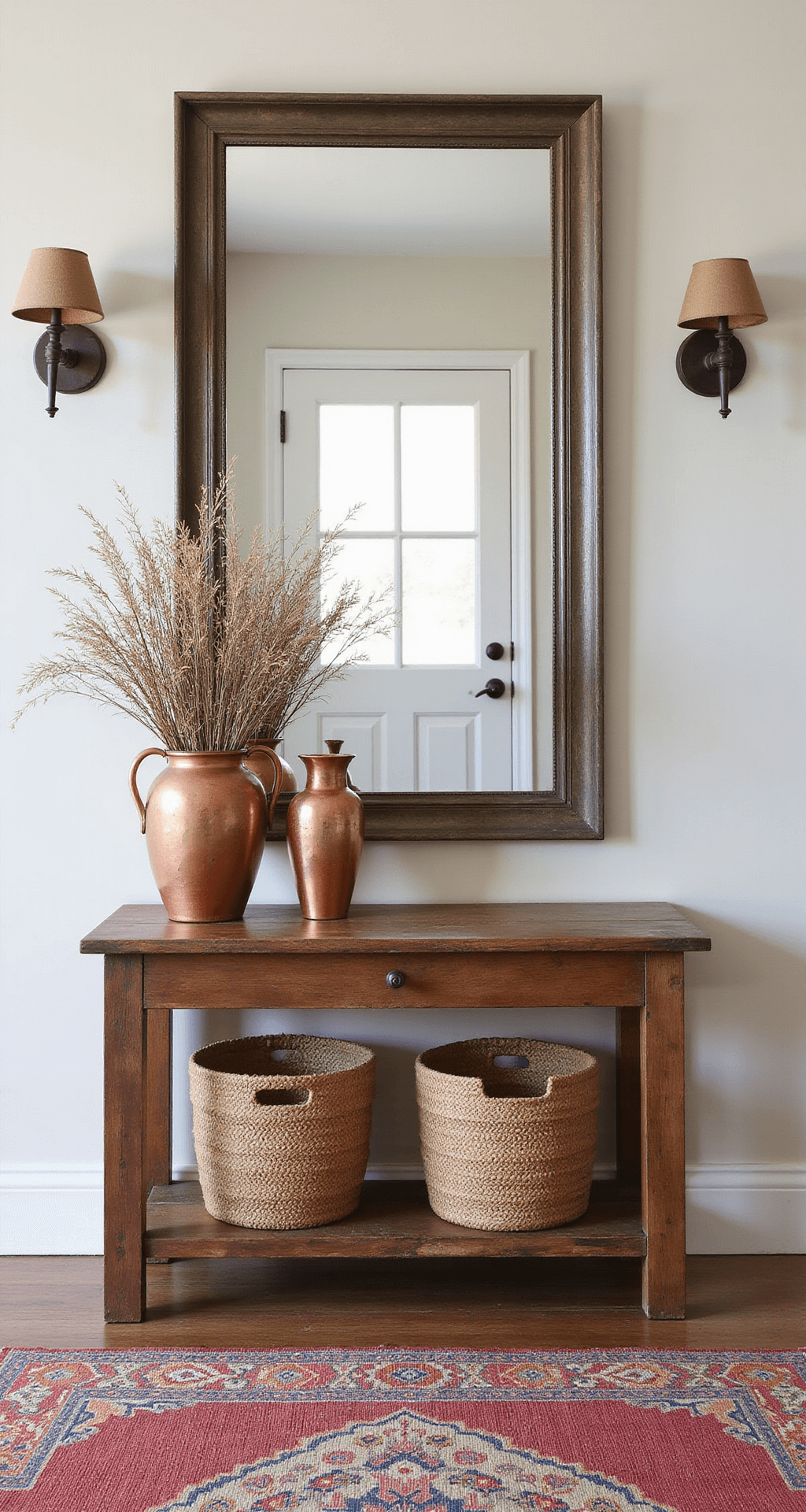 A symmetrical entryway featuring a reclaimed wood console table with vintage copper vessels filled with dried botanicals, an oversized antiqued mirror, iron sconces, a vintage kilim runner, a craftsman-style front door with oil-rubbed bronze hardware, and woven storage baskets below, all photographed in natural daylight.