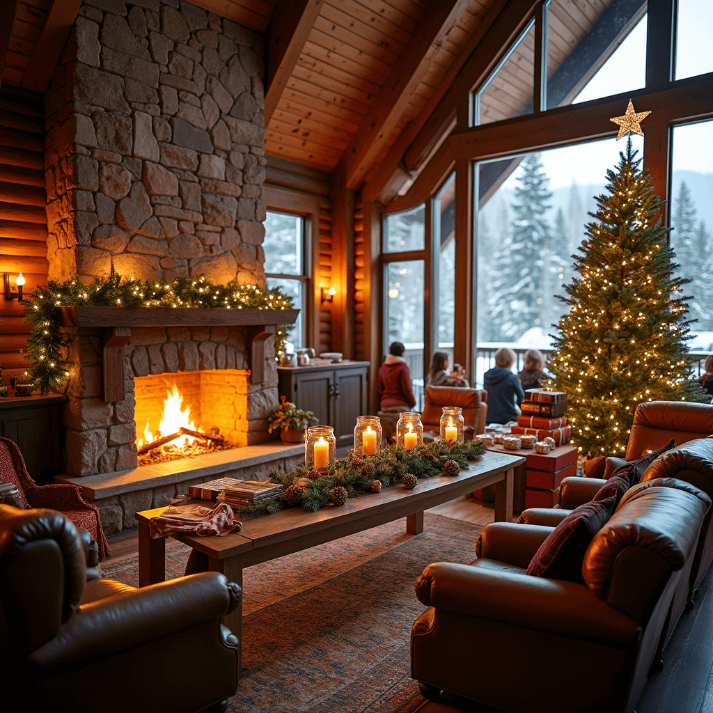A cozy winter celebration in a rustic ski lodge features a stone fireplace, leather armchairs, plaid throw blankets, and long wooden tables decorated with evergreen garlands and candles. A hot chocolate bar offers vintage copper pots and toppings, while floor-to-ceiling windows reveal a snowy landscape. Guests in festive sweaters gather around a Christmas tree with twinkling lights and a stack of wrapped gifts nearby.