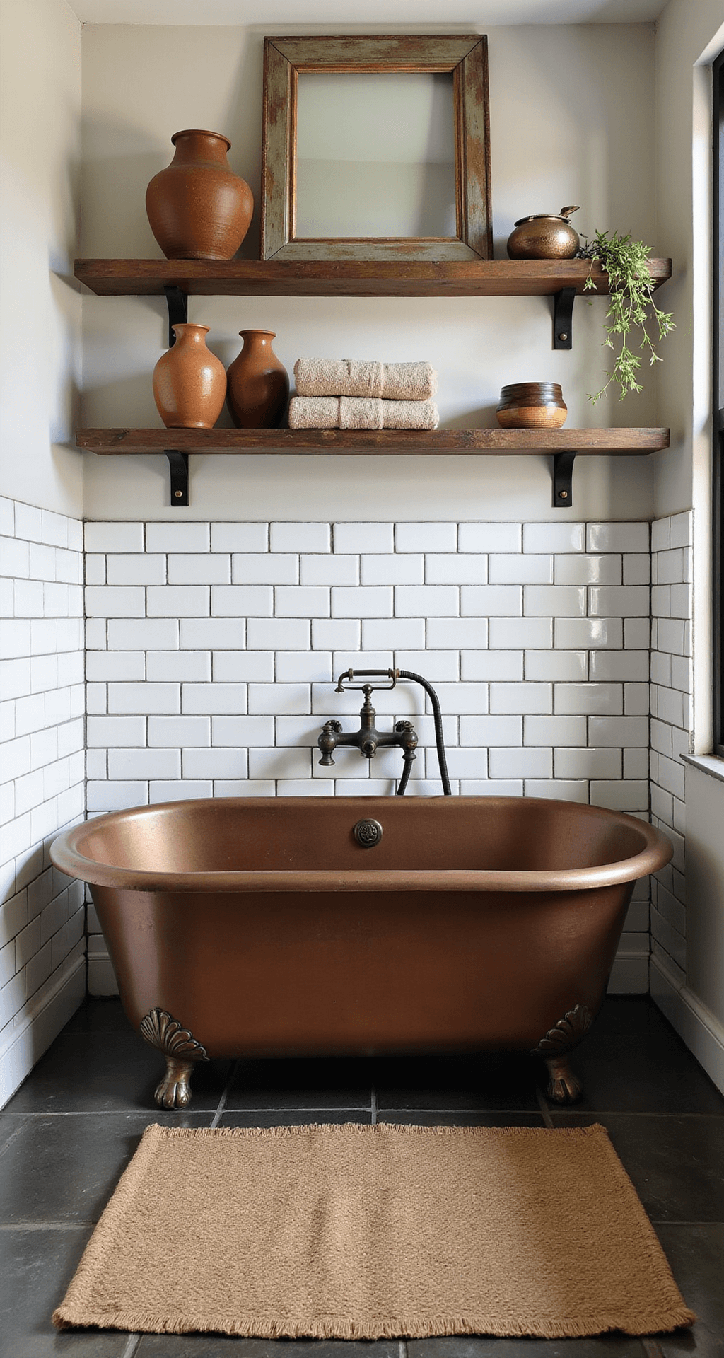 A rustic bathroom sanctuary featuring a copper soaking tub, subway-tiled walls with dark grout, reclaimed wood shelves with rolled Turkish towels, a salvaged window frame as art, weathered bronze fixtures, and a natural jute rug over slate floors, all bathed in soft morning light.