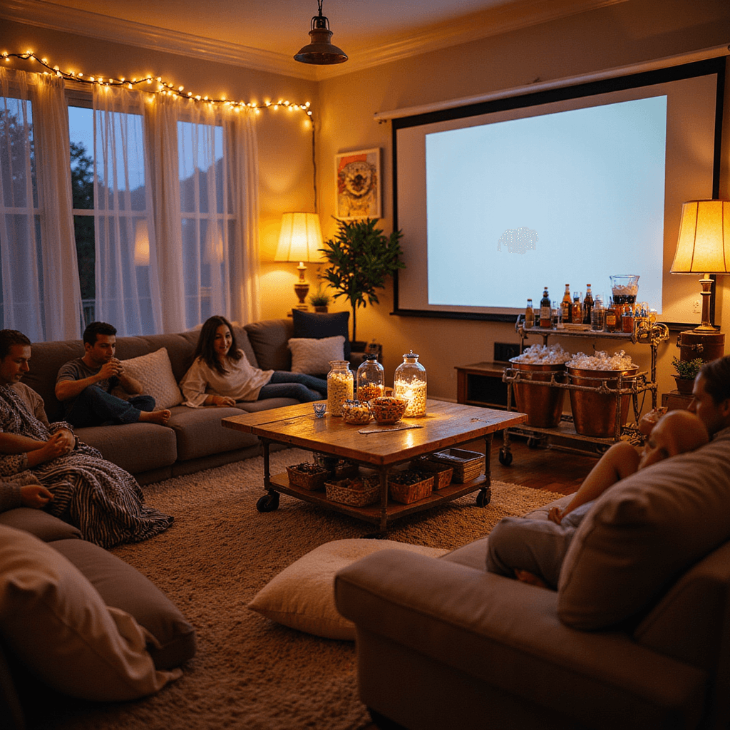 Cozy living room set up for a movie marathon with plush blankets, oversized pillows, a projector screen, twinkling fairy lights, a gourmet popcorn bar, retro candy, and friends enjoying the cinematic atmosphere.