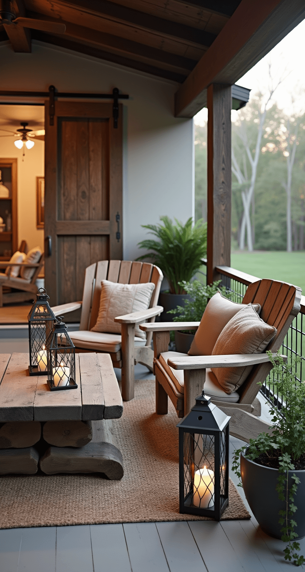 A cozy back porch at magic hour featuring weathered Adirondack chairs around a chunky timber coffee table, with iron lanterns and pillar candles for ambiance. Potted ferns and vintage zinc planters enhance the organic feel, while a sliding barn door offers glimpses of the interior. Textured throw pillows in earth tones provide comfort in this inviting indoor-outdoor space.