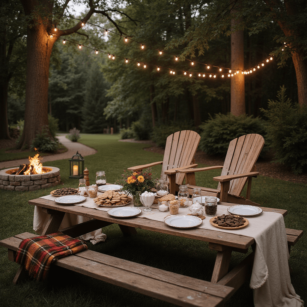An enchanting backyard scene at dusk featuring a rustic picnic table set for s'mores with mason jars of graham crackers, chocolates, and marshmallows, surrounded by a crackling fire pit, cozy Adirondack chairs, twinkling fairy lights, and lanterns along a winding garden path.