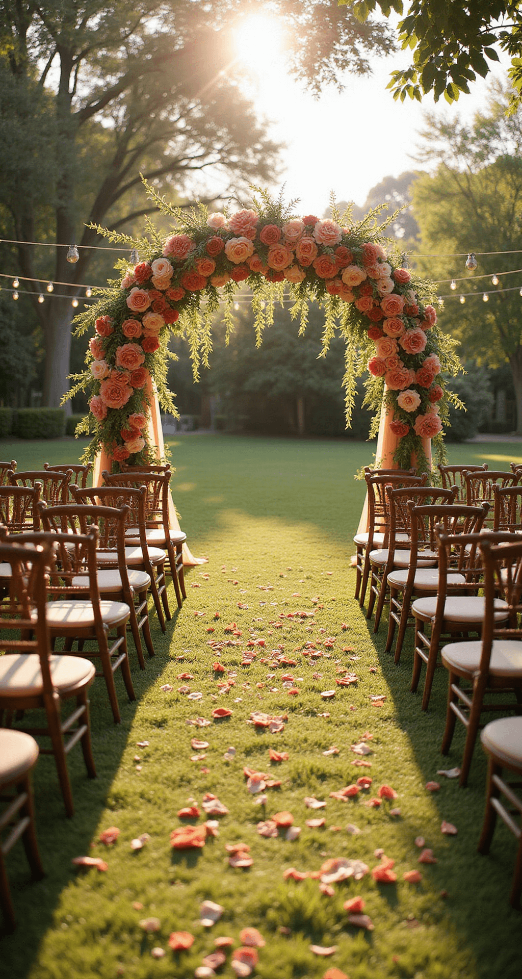 A sunlit garden wedding setup with vintage wooden chairs, floral arrangements of coral and peach roses, a natural floral arch, and scattered rose petals, all illuminated by golden hour light and surrounded by manicured gardens and string lights.