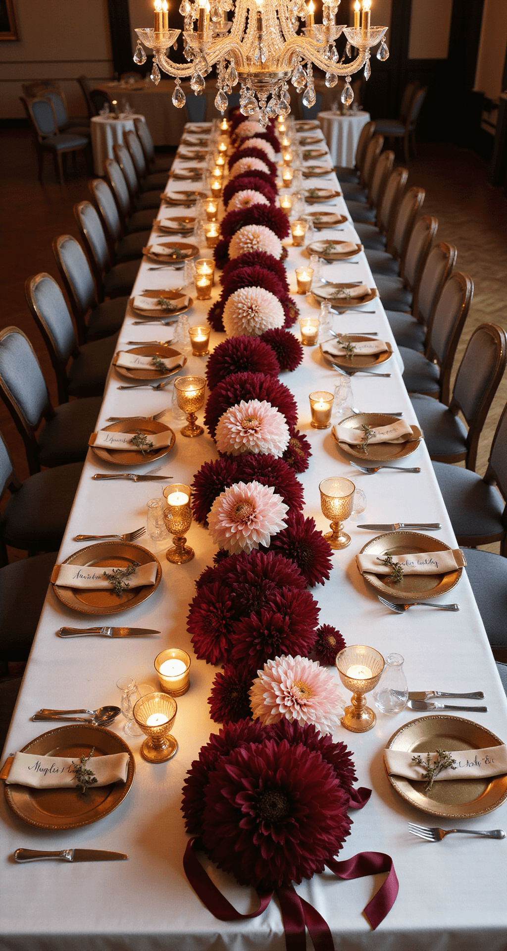 Overhead view of an elegant reception table adorned with deep burgundy and blush dahlias, crystal chandeliers illuminating a long marble table with ivory silk linens, gold-rimmed chargers, hand-calligraphed name cards, and tiered dahlia centerpieces, surrounded by mercury glass votives and silk ribbons.