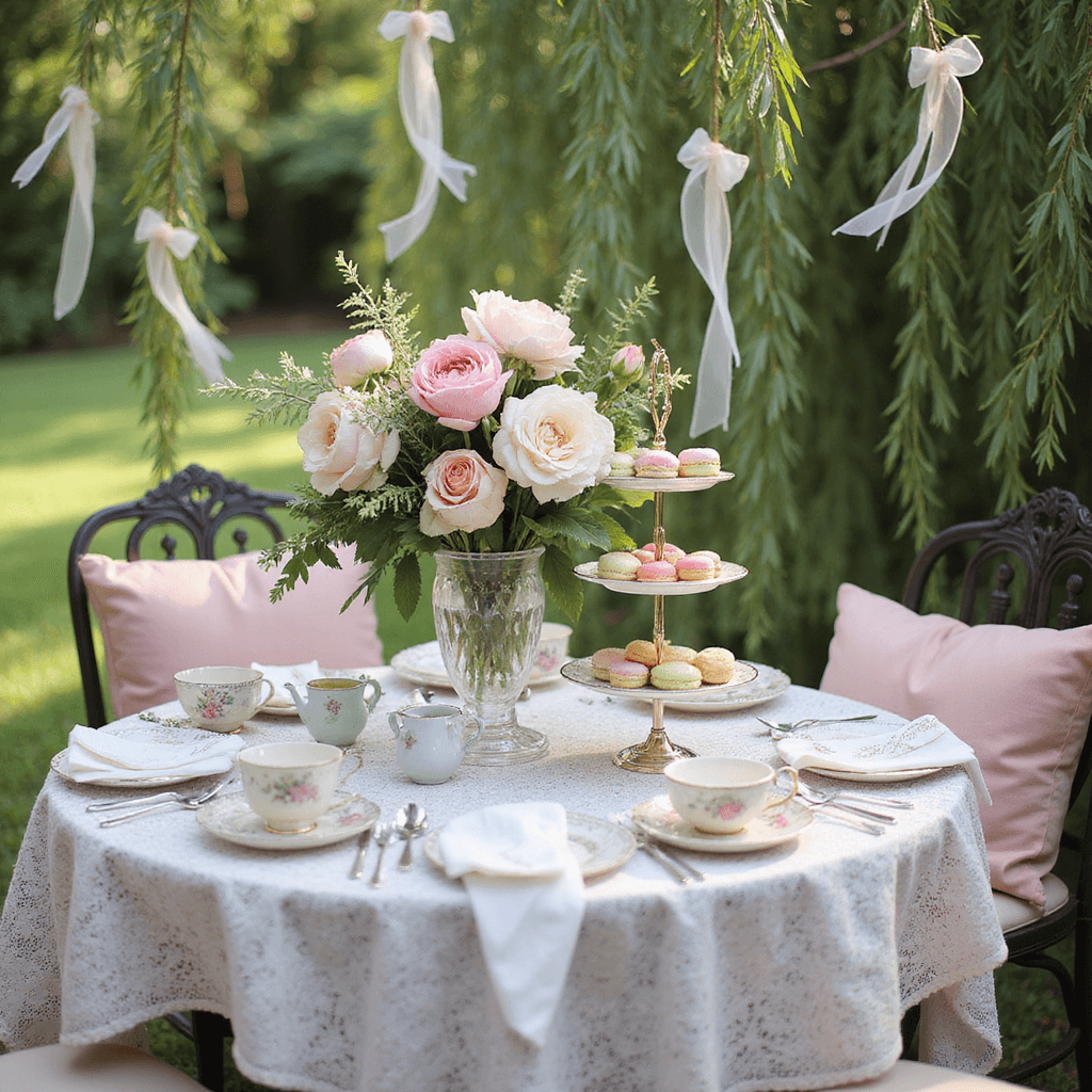 A whimsical tea party in a sun-drenched garden with a lace-covered table featuring pastel macarons, miniature sandwiches, and mismatched vintage teacups, surrounded by cushioned wrought-iron chairs and a centerpiece of fresh peonies and garden roses, all adorned with sheer organza ribbons in a gentle breeze.