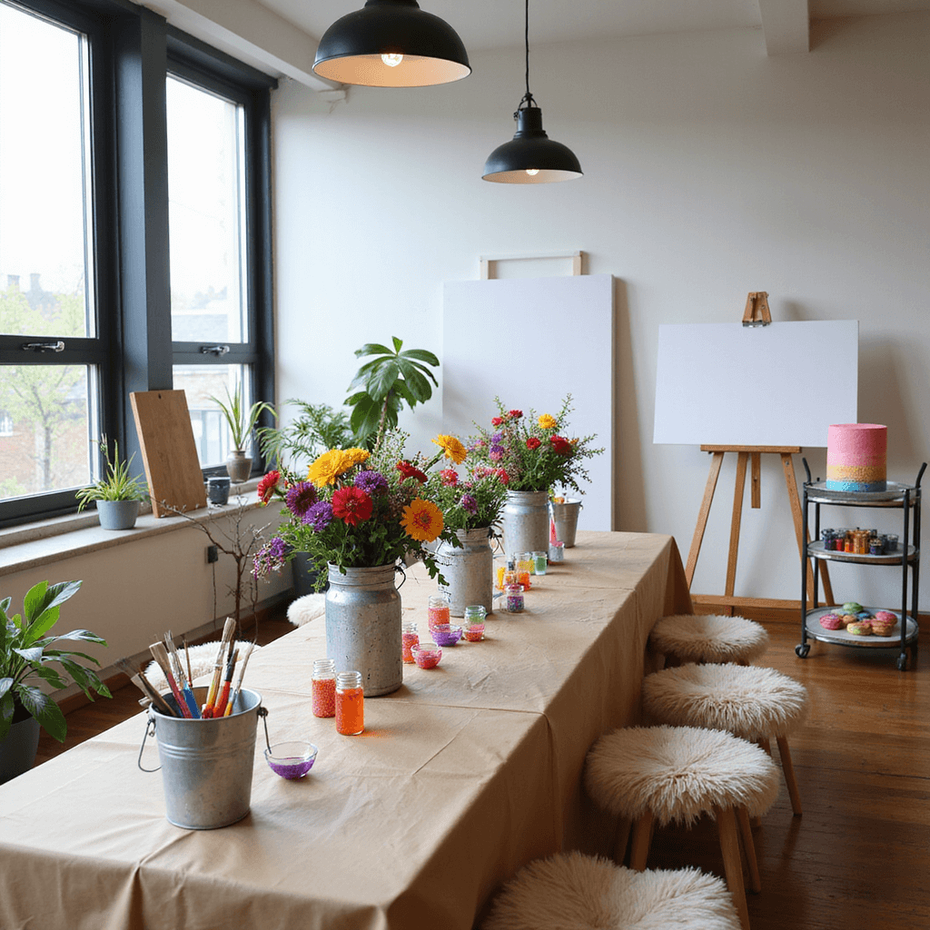 A vibrant indoor craft celebration in a light-filled apartment featuring a long farmhouse table covered in colorful crafts, mason jars with art supplies, fresh flowers in galvanized buckets, easels with blank canvases, cozy sheepskin stools, and a dessert cart with a rainbow layer cake and color-coordinated macarons.