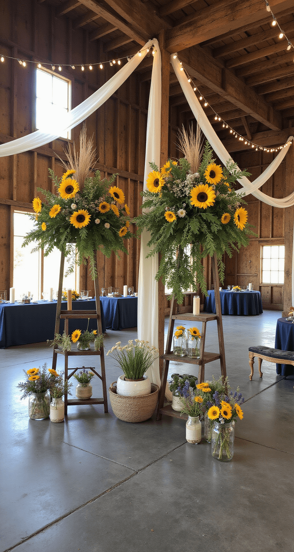 A rustic barn interior decorated for a summer celebration, with tall sunflower arrangements and wildflowers, natural light streaming through windows, exposed wooden beams adorned with string lights, farm tables draped in navy linens, brass candlesticks, and vintage ladder displays of sunflower mason jar arrangements.
