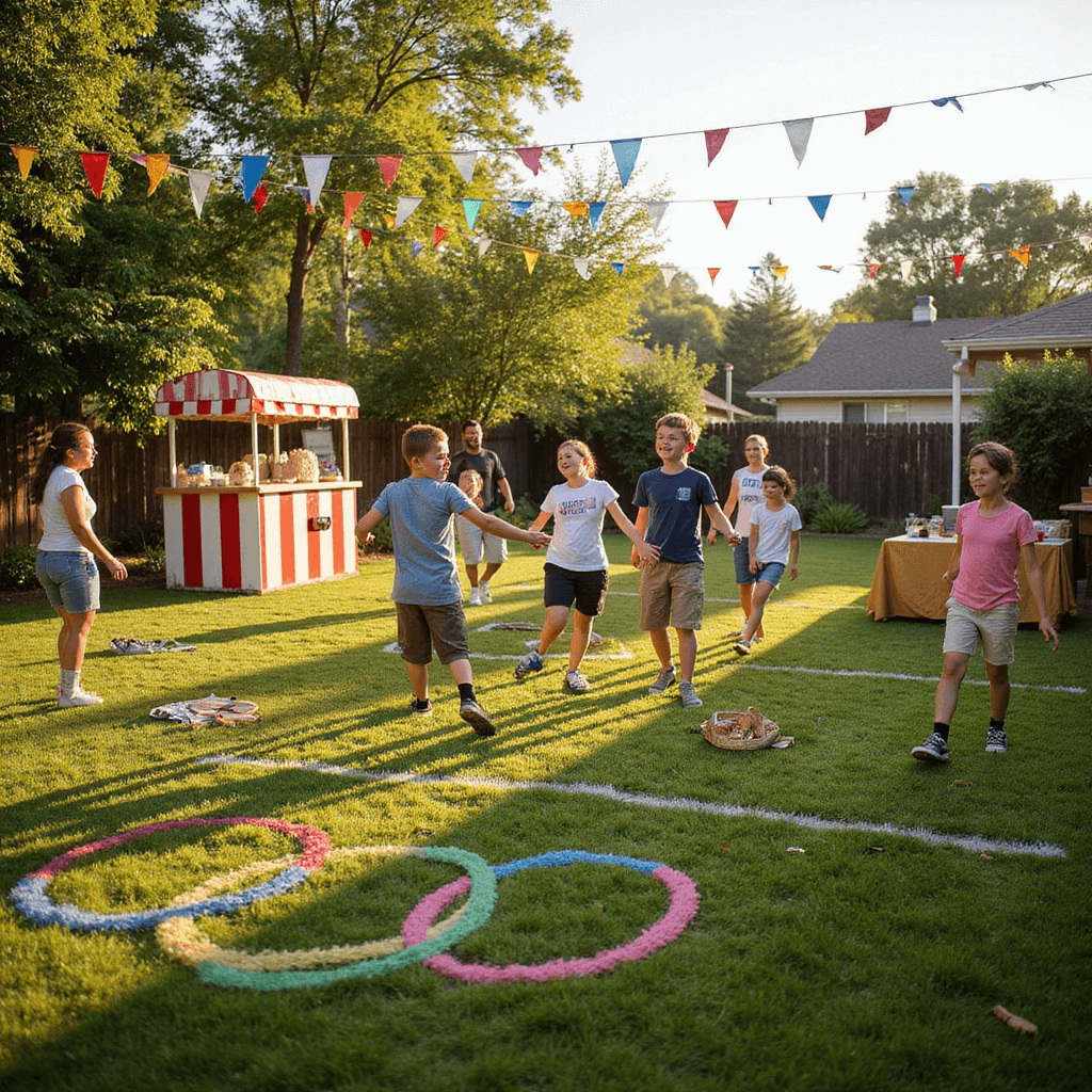 A vibrant backyard scene during golden hour, featuring mini-Olympic games with colorful event stations, a striped popcorn stand, balloon arches, a podium for medal ceremonies, and guests of all ages joyfully participating in relay races under twinkling string lights.