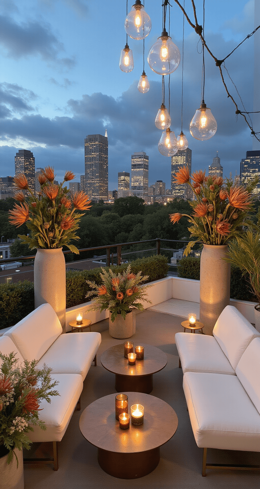 Modern rooftop venue adorned with exotic protea blooms in terracotta and sage green, featuring white leather seating, brass accent tables, and architectural arrangements in concrete vessels. Suspended geometric installations add visual interest against a city skyline at dusk, accompanied by copper chargers and smoky glass votives.