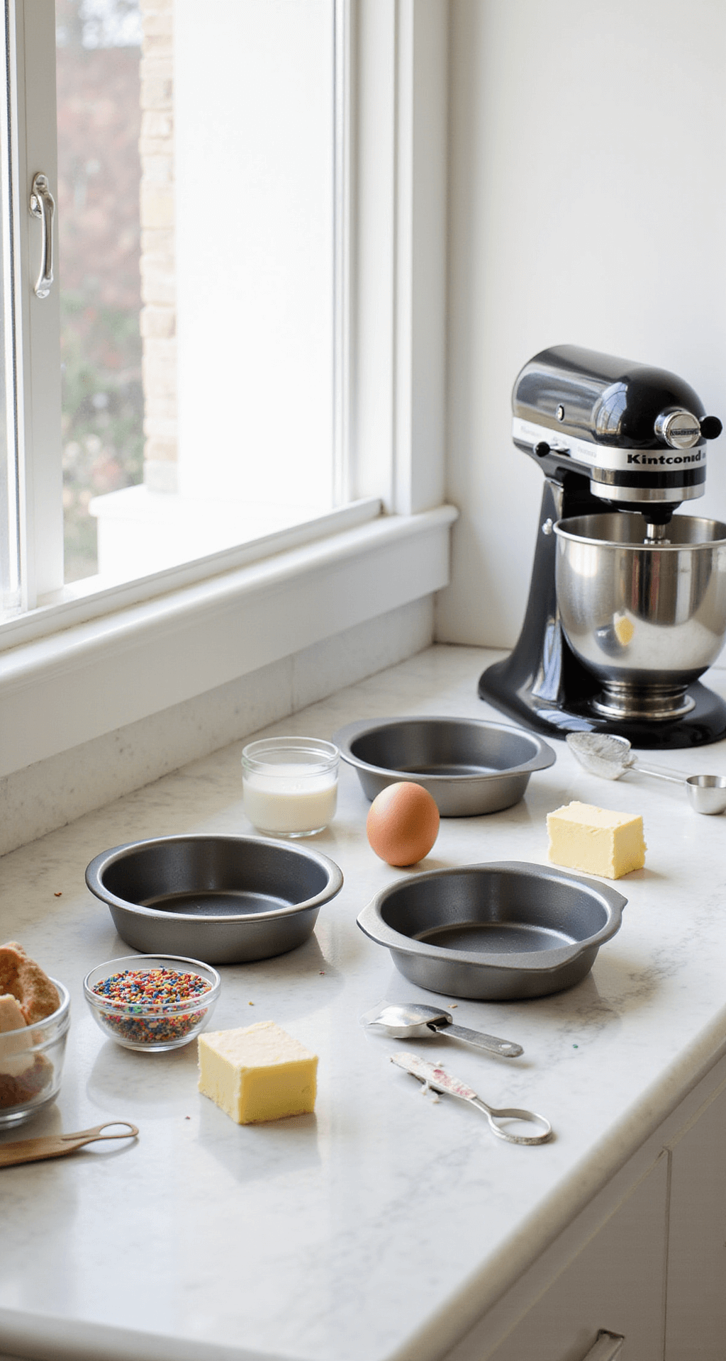 A well-organized kitchen countertop with three round cake pans, fresh baking ingredients, a stand mixer, and measuring tools, bathed in soft natural light.