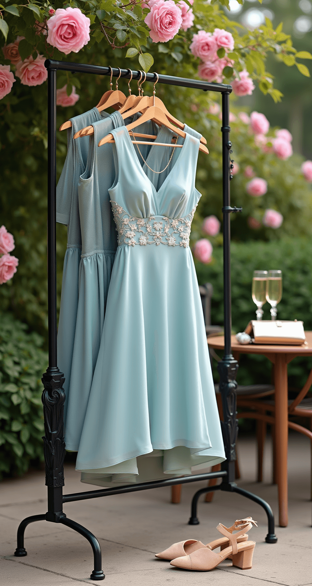 An elegant garden terrace at magic hour featuring a powder blue chiffon cocktail dress with floral embroidery on a clothing rack, paired with nude strappy sandals, a metallic clutch, and gold jewelry, surrounded by soft pink roses and greenery, with champagne glasses creating a dreamy ambiance.