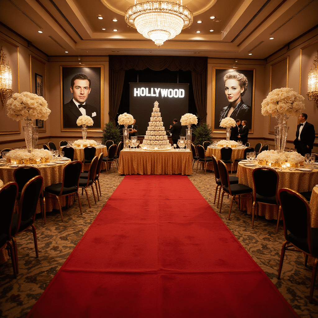 A lavish 60th birthday party in a grand ballroom, featuring a red carpet entrance, vintage movie posters, a towering champagne fountain, gold-draped tables, and Art Deco centerpieces with white roses. Guests in black-tie attire are illuminated by crystal chandeliers, with a Hollywood sign backdrop for photos, encapsulating the essence of old Hollywood glamour.