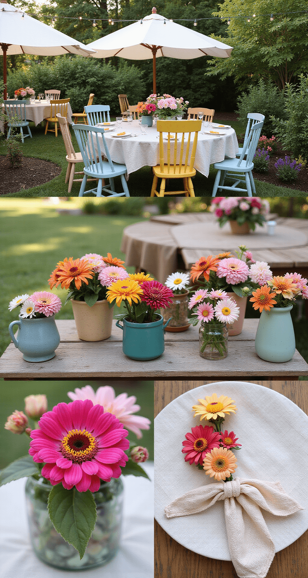 Intimate garden party with colorful zinnias in vintage pottery, afternoon light filtering through market umbrellas, round tables dressed in textured linen, pastel mismatched chairs, string lights overhead, lush potted plants, and hand-tied napkins featuring fresh zinnia blooms.