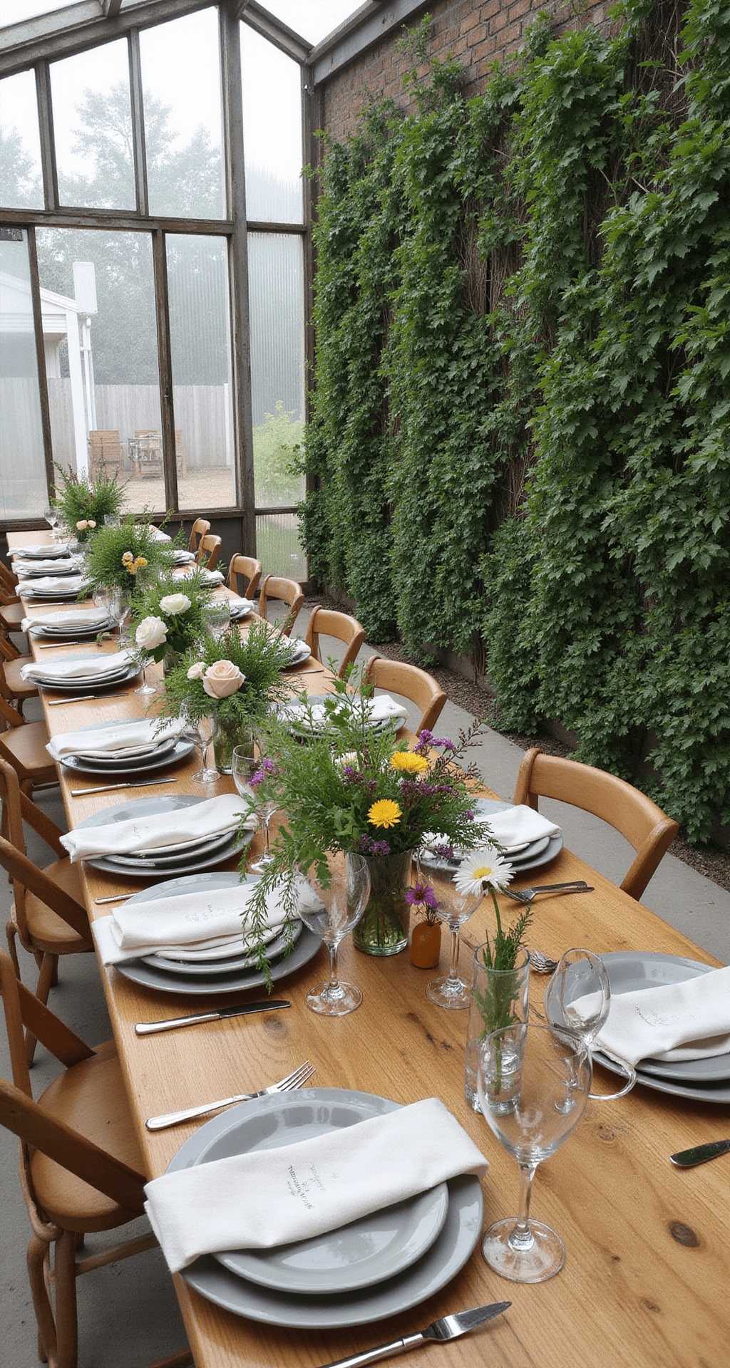Sustainable wedding setup in a converted greenhouse with long farm tables adorned with potted herbs and recycled glass vases filled with summer blooms, natural light illuminating organic textures, handmade ceramic place settings, and a living wall backdrop.